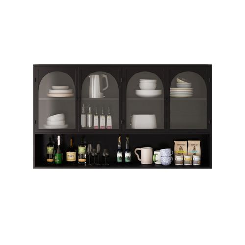 Armoire Murale120x23x70cm, 4 Portes En Verre,  Design Simple, Étagère, Fer+verre, Noir