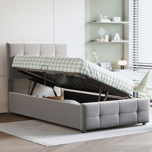 Lit Coffre 90x200 Cm, Lit Simple, Tête De Lit Réglable, Sommiers, En Velours Gris, Mdf Et Métal