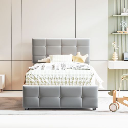 Lit Coffre 90x200 Cm, Lit Simple, Tête De Lit Réglable, Sommiers, En Velours Gris, Mdf Et Métal