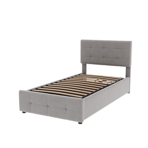 Lit Coffre 90x200 Cm, Lit Simple, Tête De Lit Réglable, Sommiers, En Velours Gris, Mdf Et Métal