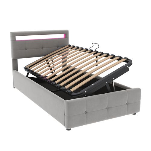 Lit Coffre 90x200 Cm, Lit Simple, Tête De Lit, LED Réglable, Sommiers, Velours Gris, Mdf Et Métal
