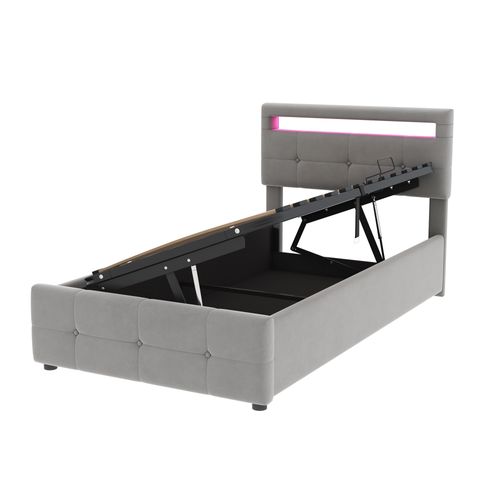 Lit Coffre 90x200 Cm, Lit Simple, Tête De Lit, LED Réglable, Sommiers, Velours Gris, Mdf Et Métal