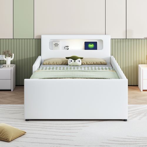 Lit Enfant 90x200cm, Lit Simple, Tête De Lit, 1 Tiroir, LED, Port USB, Sommiers, Mdf Et Métal, Blanc