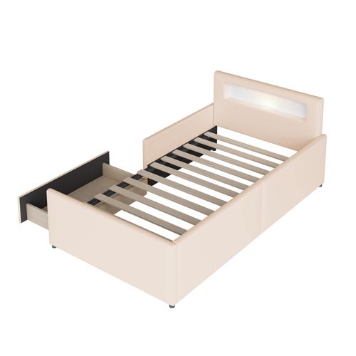 Lit Enfant 90x200cm, Lit Simple, Tiroir, LED, Port USB, Tête De Lit, Sommiers, Mdf Et Métal, Beige