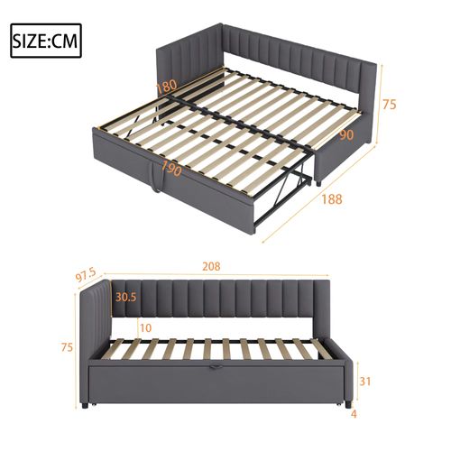 Lit Gigogne 90/180x200cm, Canapé Et Lit 2 En 1, Forme En L, Tête De Lit, Mdf, Velours Gris Foncé