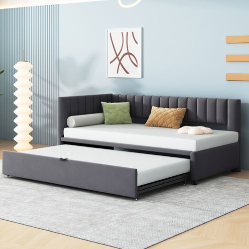 Lit Gigogne 90/180x200cm, Canapé Et Lit 2 En 1, Forme En L, Tête De Lit, Mdf, Velours Gris Foncé