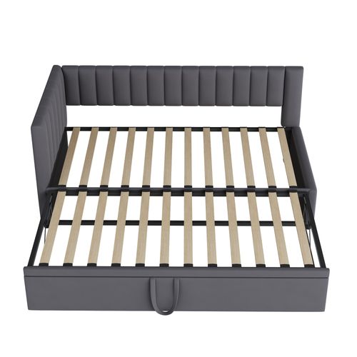 Lit Gigogne 90/180x200cm, Canapé Et Lit 2 En 1, Forme En L, Tête De Lit, Mdf, Velours Gris Foncé