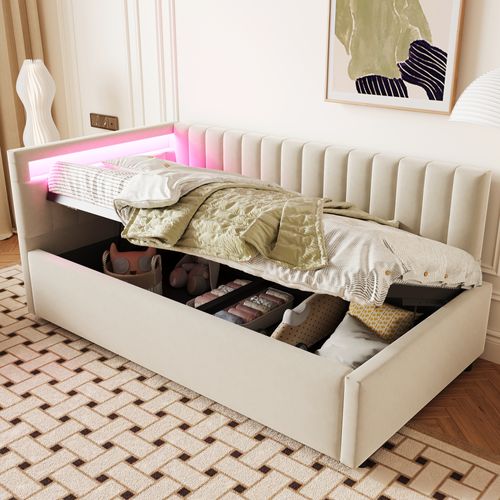 Lit Coffre 90x200cm, Lit Simple, Éclairage LED, Tête De Lit, Dossier Doux, Mdf, Velours, Beige