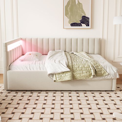 Lit Coffre 90x200cm, Lit Simple, Éclairage LED, Tête De Lit, Dossier Doux, Mdf, Velours, Beige