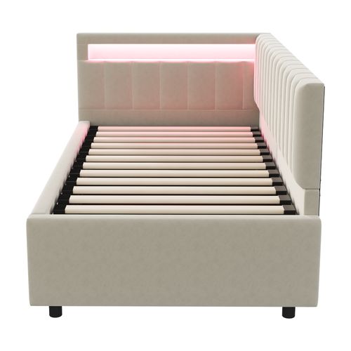 Lit Coffre 90x200cm, Lit Simple, Éclairage LED, Tête De Lit, Dossier Doux, Mdf, Velours, Beige