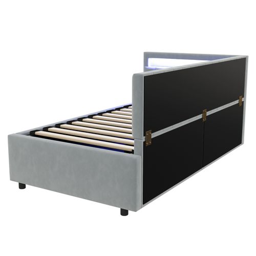 Lit Coffre 90x200cm, Lit Simple, Éclairage LED, Tête De Lit, Dossier, Mdf, Velours, Gris Clair