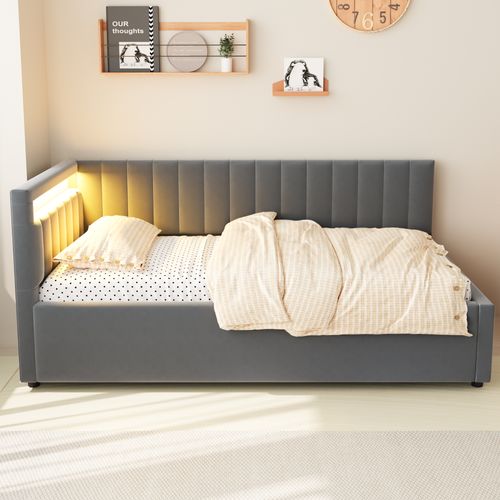 Lit Coffre 90x200cm, Lit Simple, LED, Tête De Lit, Dossier, Sommier à Latte, Mdf, Velours Gris Foncé