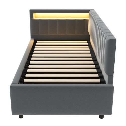 Lit Coffre 90x200cm, Lit Simple, LED, Tête De Lit, Dossier, Sommier à Latte, Mdf, Velours Gris Foncé