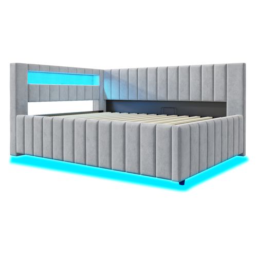 Lit Coffre 140x200cm, Lit Simple, LED, Tête De Lit, Port USB, Sommier, Mdf, Velours, Gris Clair