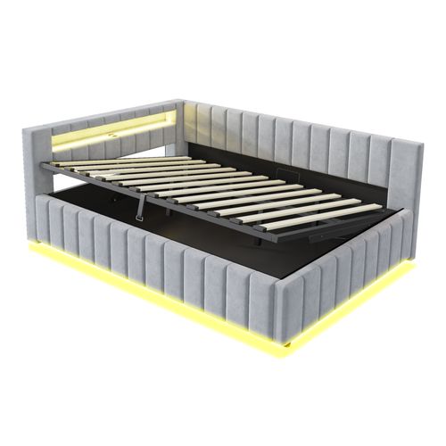 Lit Coffre 140x200cm, Lit Simple, LED, Tête De Lit, Port USB, Sommier, Mdf, Velours, Gris Clair