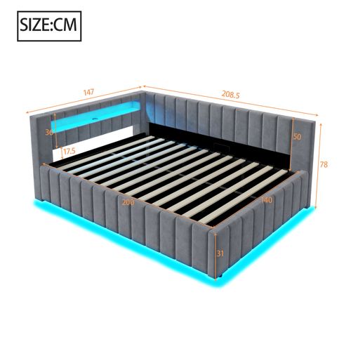 Lit Coffre 140x200cm, Lit Simple, LED, Tête De Lit, Port USB, Sommier, Mdf, Velours, Gris Foncé