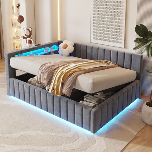 Lit Coffre 140x200cm, Lit Simple, LED, Tête De Lit, Port USB, Sommier, Mdf, Velours, Gris Foncé