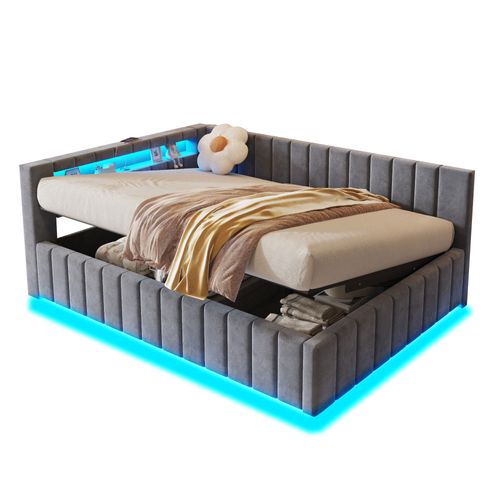 Lit Coffre 140x200cm, Lit Simple, LED, Tête De Lit, Port USB, Sommier, Mdf, Velours, Gris Foncé