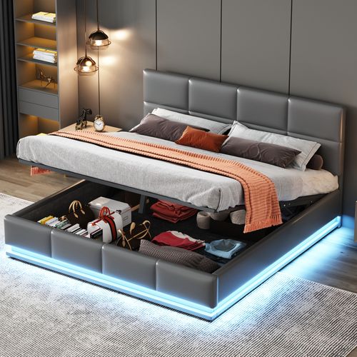 Lit Coffre 160x200cm, Lit Double, LED, Sommiers, Tête De Lit Réglable, Mdf, Bois, Métal, Pu Gris