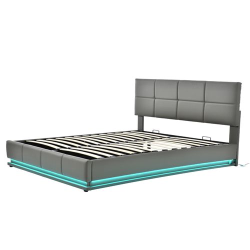 Lit Coffre 160x200cm, Lit Double, LED, Sommiers, Tête De Lit Réglable, Mdf, Bois, Métal, Pu Gris