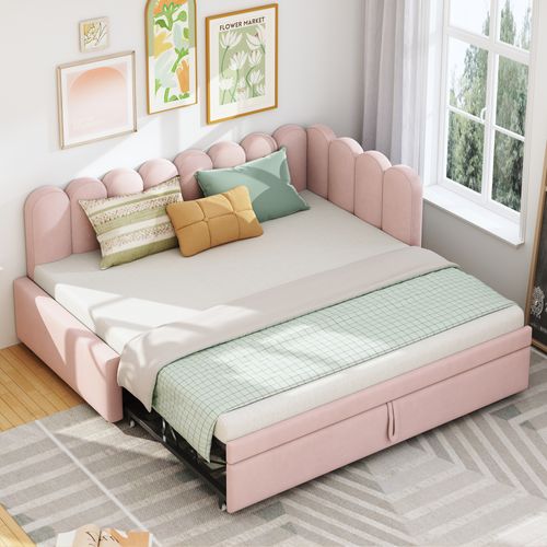 Lit Gigogne 90/180x200cm, Canapé-lit 2 En 1, Forme L, Tête De Lit, Dossier, Velours, Mdf, Rose