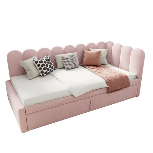 Lit Gigogne 90/180x200cm, Canapé-lit 2 En 1, Forme L, Tête De Lit, Dossier, Velours, Mdf, Rose
