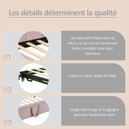 Lit Gigogne 90/180x200cm, Canapé-lit 2 En 1, Forme L, Tête De Lit, Dossier, Velours, Mdf, Rose