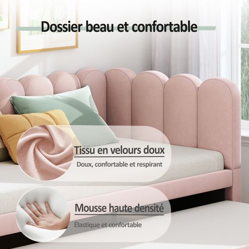 Lit Gigogne 90/180x200cm, Canapé-lit 2 En 1, Forme L, Tête De Lit, Dossier, Velours, Mdf, Rose