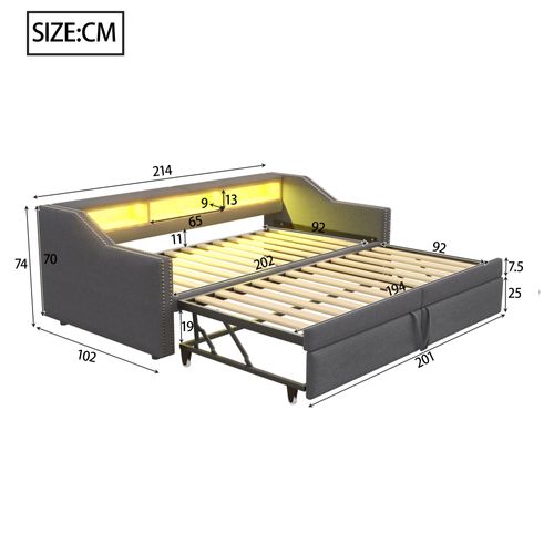 Lit Gigogne 90/180x200cm, LED, Prise USB, 3 Compartiments, Accoudoirs, Lin, Métal, Mdf, Gris Foncé