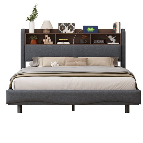 Lit Adulte 160x200cm, Lit Double, 3 Niches, Ports USB Et Type-c, LED, Tête De Lit, Métal, Mdf, Gris