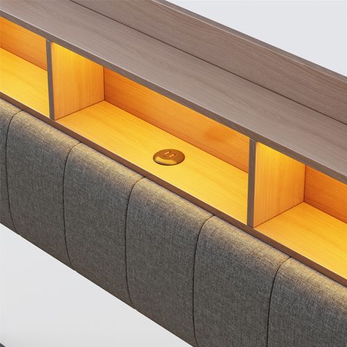 Lit Adulte 160x200cm, Lit Double, 3 Niches, Ports USB Et Type-c, LED, Tête De Lit, Métal, Mdf, Gris