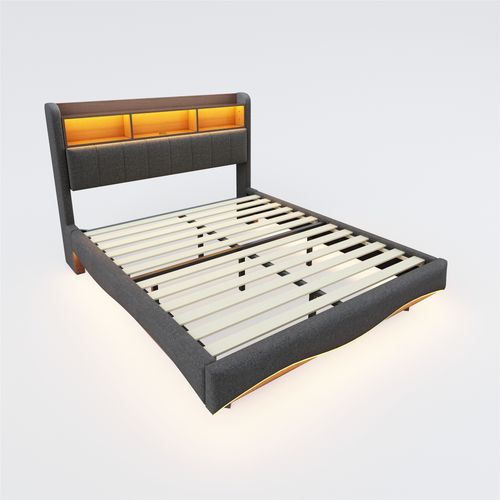 Lit Adulte 160x200cm, Lit Double, 3 Niches, Ports USB Et Type-c, LED, Tête De Lit, Métal, Mdf, Gris