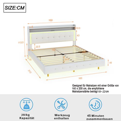 Lit Double 160x200 Cm, Tête De Lit Avec 1 Niche, Éclairage LED, Ports USB, Lin Beige