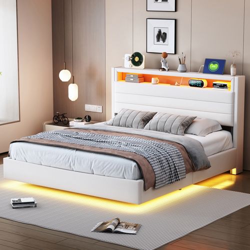 Lit Coffre Lit Double 140x200 Cm, Tête De Lit Avec Rangement, LED, Ports USB, Lin Beige