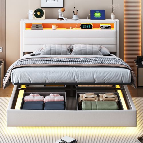 Lit Coffre Lit Double 140x200 Cm, Tête De Lit Avec Rangement, LED, Ports USB, Lin Beige