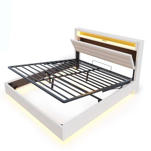 Lit Coffre Lit Double 140x200 Cm, Tête De Lit Avec Rangement, LED, Ports USB, Lin Beige