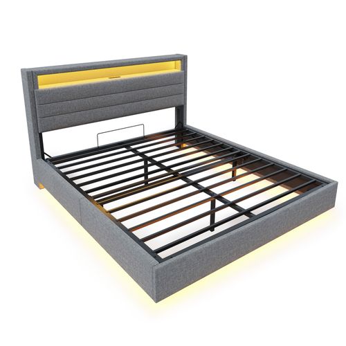 Lit Coffre Lit Double 140x200 Cm, Tête De Lit Avec Rangement, LED, Ports USB, Lin Gris