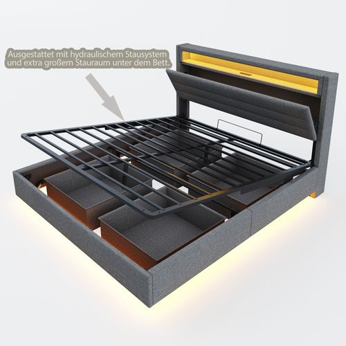 Lit Coffre Lit Double 140x200 Cm, Tête De Lit Avec Rangement, LED, Ports USB, Lin Gris