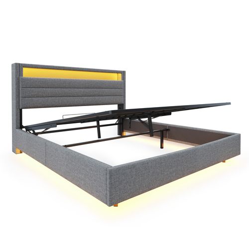 Lit Coffre Lit Double 140x200 Cm, Tête De Lit Avec Rangement, LED, Ports USB, Lin Gris