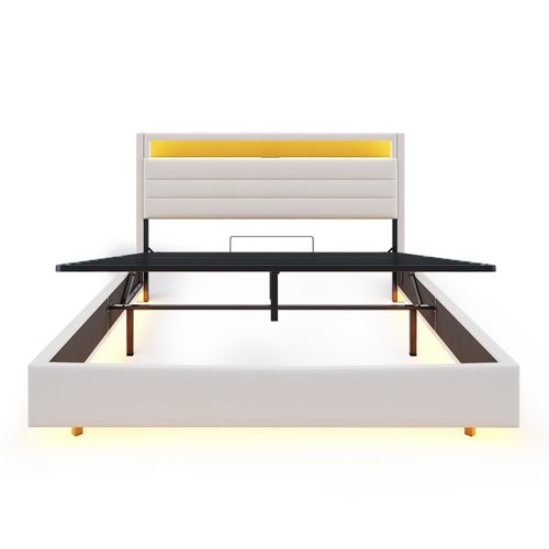 Lit Coffre Lit Double 160x200 Cm, Tête De Lit Avec Rangement, LED, Ports USB, Lin Beige