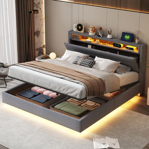 Lit Coffre Lit Double 160x200 Cm, Tête De Lit Avec Rangement, LED, Ports USB, Lin Gris