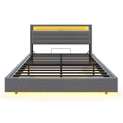 Lit Coffre Lit Double 160x200 Cm, Tête De Lit Avec Rangement, LED, Ports USB, Lin Gris