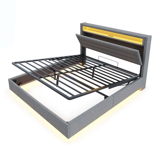 Lit Coffre Lit Double 160x200 Cm, Tête De Lit Avec Rangement, LED, Ports USB, Lin Gris