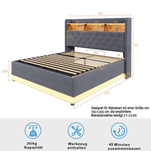 Lit Coffre Lit Double 160x200 Cm, Tête De Lit Avec Niche, LED, Ports USB, Lin Gris
