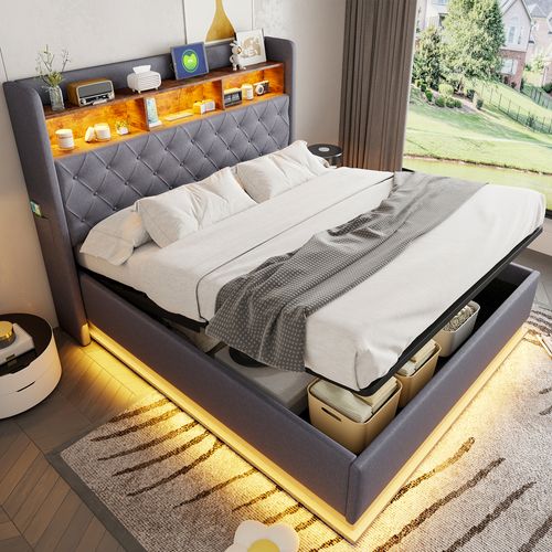 Lit Coffre Lit Double 160x200 Cm, Tête De Lit Avec Niche, LED, Ports USB, Lin Gris