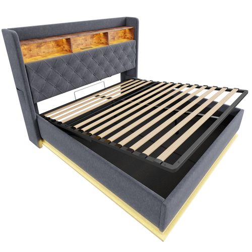 Lit Coffre Lit Double 160x200 Cm, Tête De Lit Avec Niche, LED, Ports USB, Lin Gris