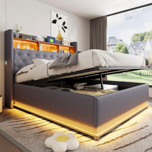 Lit Coffre Lit Double 160x200 Cm, Tête De Lit Avec Niche, LED, Ports USB, Lin Gris