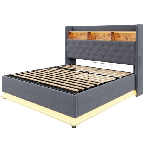 Lit Coffre Lit Double 160x200 Cm, Tête De Lit Avec Niche, LED, Ports USB, Lin Gris