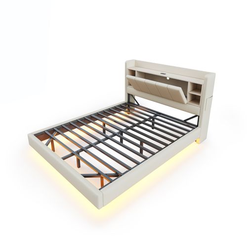 Lit Double 160x200 Cm, Tête De Lit Réversible Avec Niche, LED, Ports USB, Lin Beige