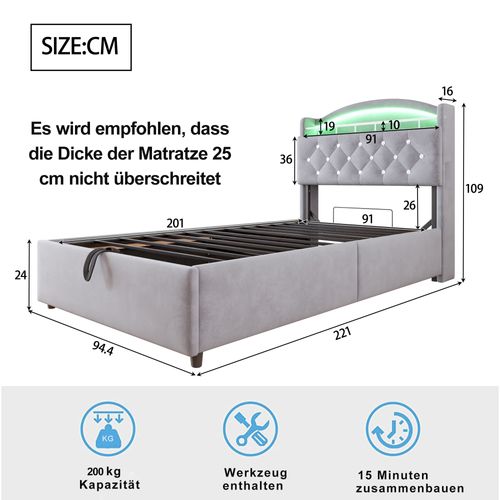 Lit Enfant Lit Cofre 90x200 Cm, Tête De Lit Réversible Avec Niche, LED, Ports USB, Velours Gris